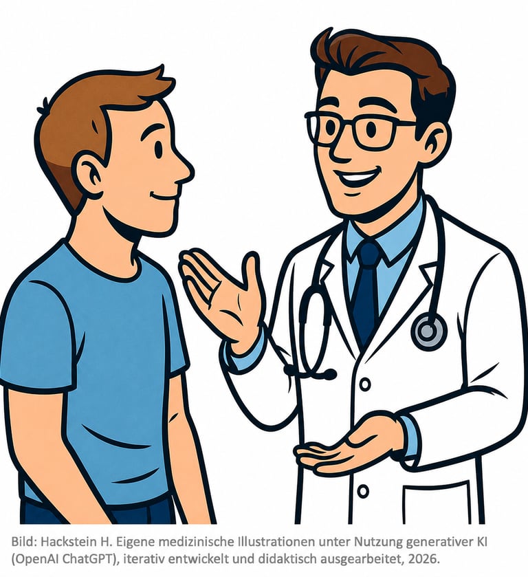 Illustration Thromic Onlineschulung: Arzt klärt Patienten über die Bluttransfusion auf