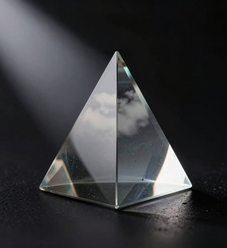 A minimalist macro photograph of a glass prism catching a beam of soft cloud white light, casting subtle muted steel reflections against a deep obsidian backdrop. The lighting is sharp and architectural.