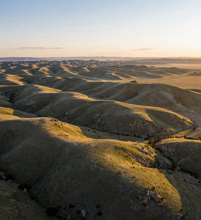 A high-altitude drone photograph of expansive rangeland in Northeast Nevada. The scene shows rolling hills covered in sage green vegetation under a soft morning sun. The lighting is warm and golden, emphasizing the rugged elegance of the terrain. The composition is wide, showcasing the vastness and profound tranquility of the North American landscape.