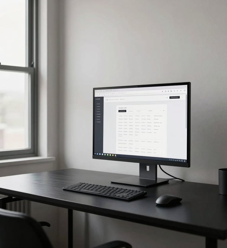 A high-end, minimalist creative studio workspace in Los Angeles. A sleek black desk holds a single thin monitor displaying a clean web interface. The lighting is soft and natural, coming from a large window. The walls are a pale off-white, creating a professional and sophisticated North American aesthetic.
