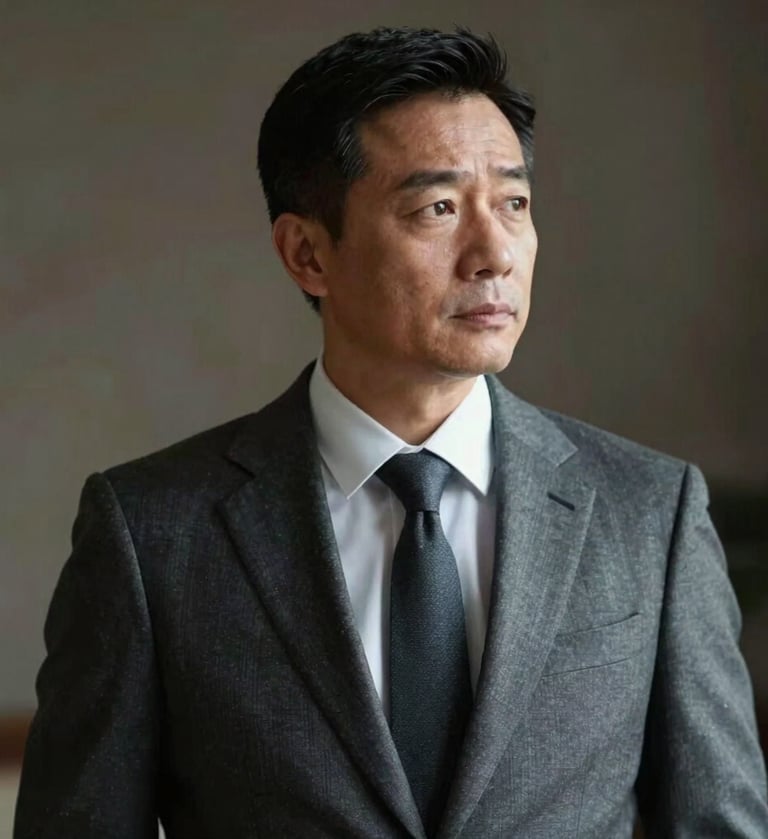 An authoritative portrait of Frank Artus in a refined #1A1C20 suit, looking thoughtfully into the distance. Artistic lighting with high contrast and sophisticated gravitas.