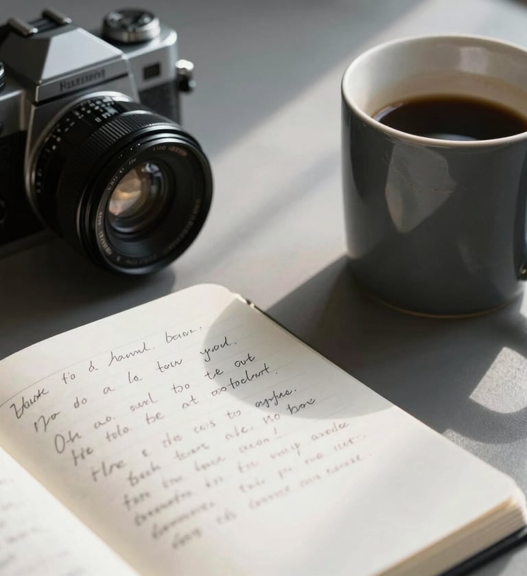 A close-up, slightly high-angle shot of a cluttered creative desk. A vintage camera lens, a half-empty mug in dark slate grey, and a handwritten notebook on soft off-white paper. Natural sunlight streaks across the surface, casting soft shadows.