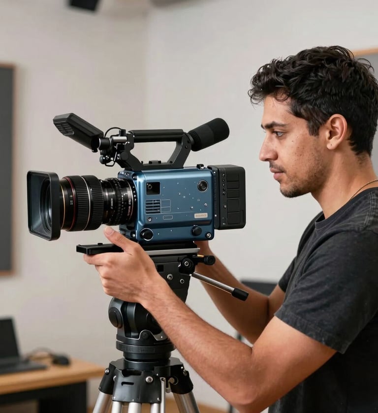 A professional audiovisual creator in a modern Latin American / Hispanic studio setting, holding a sleek cinema camera, soft natural lighting highlighting Steel Blue and Soft Off-White equipment accents.