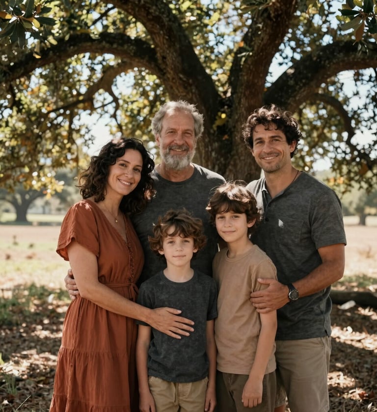 A cinematic lifestyle portrait of a family embracing under a large oak tree in Portugal. Soft sunbeams filtering through leaves. Earthy tones like terracotta and charcoal in their attire. Warm and friendly atmosphere.