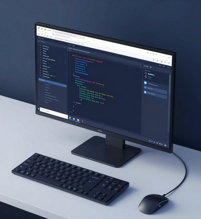 Top-down view of a minimalist developer workspace with a single monitor displaying clean code and a sophisticated 3D engine interface. Lighting is focused, professional. Brand palette #3F516B and #E0E8F0.