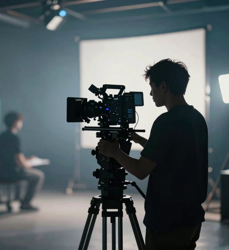 A professional film set interior, silhouette of a camera operator behind a high-end rig, backlight creating a rim light effect, sophisticated atmosphere with shades of #415A77 and #E0E1DD, cinematic bokeh.