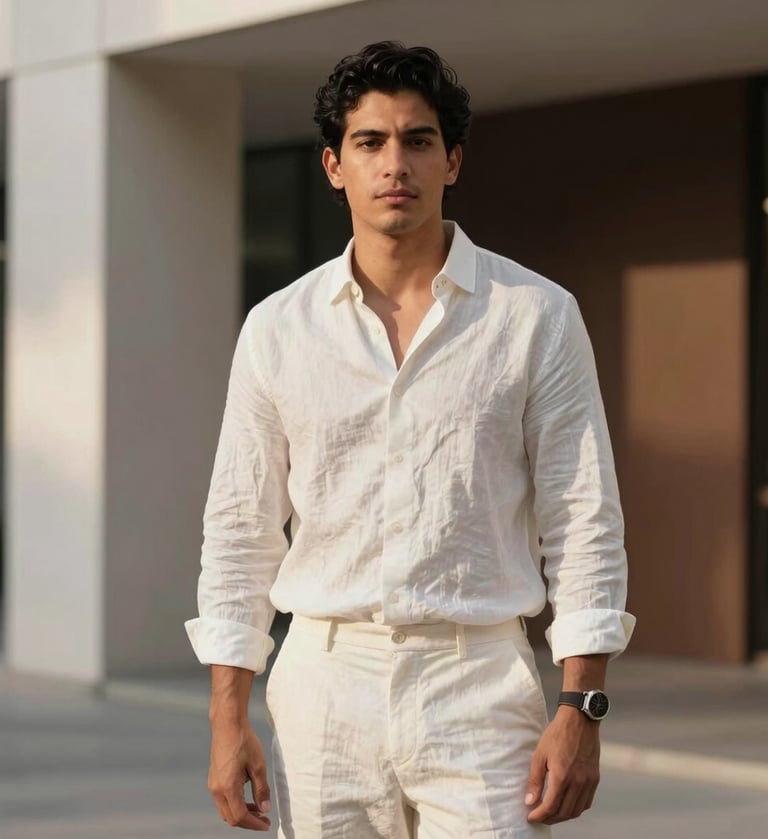 A sophisticated portrait of a young professional in a modern urban setting in Latinoamericano. The subject wears eggshell white linen clothes, standing against a clean architectural backdrop with soft afternoon lighting and deep espresso brown accents.