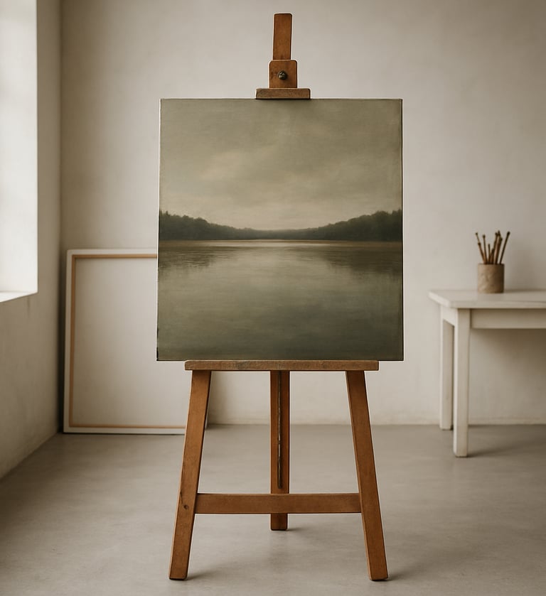 A landscape painting on an easel in a minimalist artist's studio. The artwork shows a quiet lake reflecting a muted olive-grey sky with hints of warm taupe in the water. Professional photography with soft, natural lighting.
