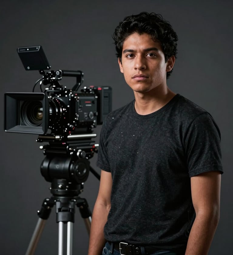 Cinematic portrait of a young South American professional filmmaker with a serious and creative expression, standing in a dark, minimalist studio. Subtle rim lighting accents his silhouette against a dark grey background. Professional cinema camera gear is visible but slightly out of focus in the background.