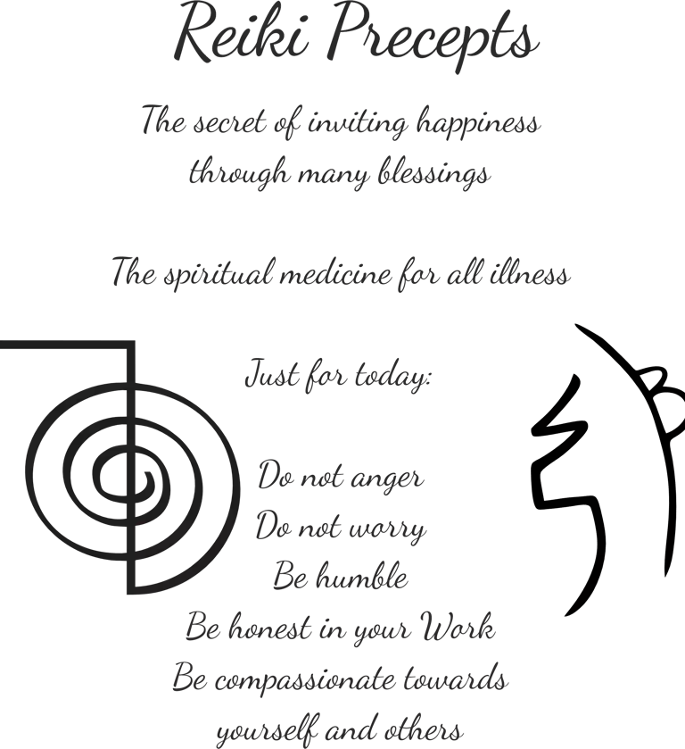 Reiki Precepts, including 'Just for today: Do not anger, Do not worry, Be humble, Be honest in your Work, Be compassionate