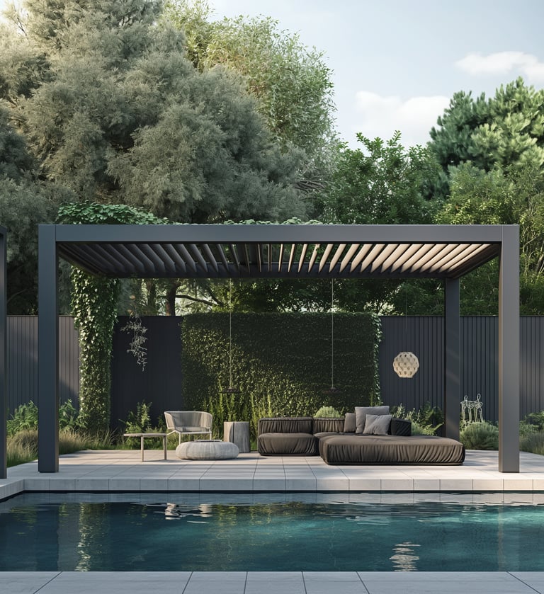 aluminium pergola naast zwembad met zithoek