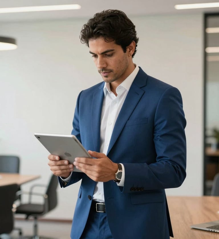 A professional South American / Brazilian man in a modern office, wearing a Steel Blue suit, looking at a tablet with a focused and confident expression. The background features clean Off-White walls and contemporary furniture. High-end professional photography style.