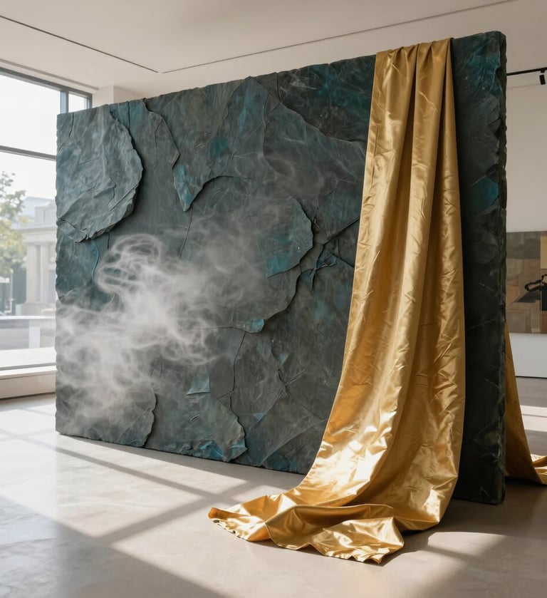 A high-resolution photograph of a dynamic art installation inside a modern Northern European / Welsh / British gallery. The piece features slate mist and golden ochre fabrics draped over a deep charcoal teal structure. Natural light pours in from high windows, creating long shadows on a soft alabaster floor.