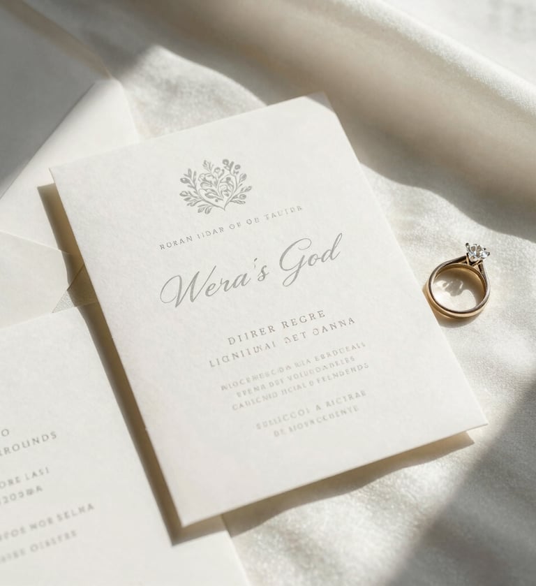 A close-up photograph of a minimalist, high-end wedding invitation suite and a diamond ring on a soft cream white silk fabric. Natural, soft morning light creates gentle shadows. Elegant typography and warm champagne grey accents, Hispanic / Spanish-speaking luxury context.