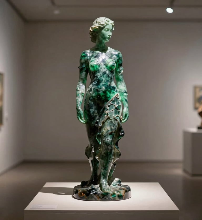 An elegant portrait of a resin art sculpture, standing on a minimalist pedestal in an International / Global gallery, lit to emphasize its translucent depth and vibrant Deep Forest Green core.