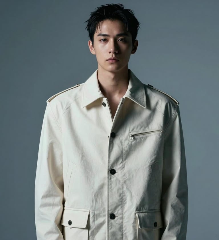 A high-fashion editorial portrait of a performer in a structured, avant-garde off-white jacket. The lighting is cinematic with deep blue shadows and pale grey-blue highlights. North American / US urban studio setting.