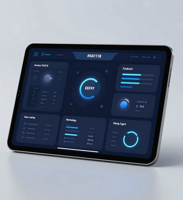 A high-fidelity UI mockup of a futuristic AI dashboard on a sleek glass-like tablet. The interface features deep navy #0A1118 backgrounds with sharp slate blue #2D3A4B borders and glowing #E6EFF5 accents. Professional, cutting-edge studio lighting with soft bokeh on a clean background.