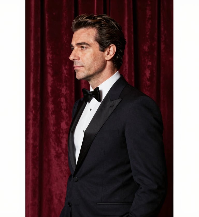 A sophisticated profile portrait of a world-famous Italian tenor in a midnight black tuxedo, standing before heavy Borgogna red velvet stage curtains. Soft side lighting highlights his features, creating a deeply artistic and elegant atmosphere with a palette of #262626 and #6B242D.