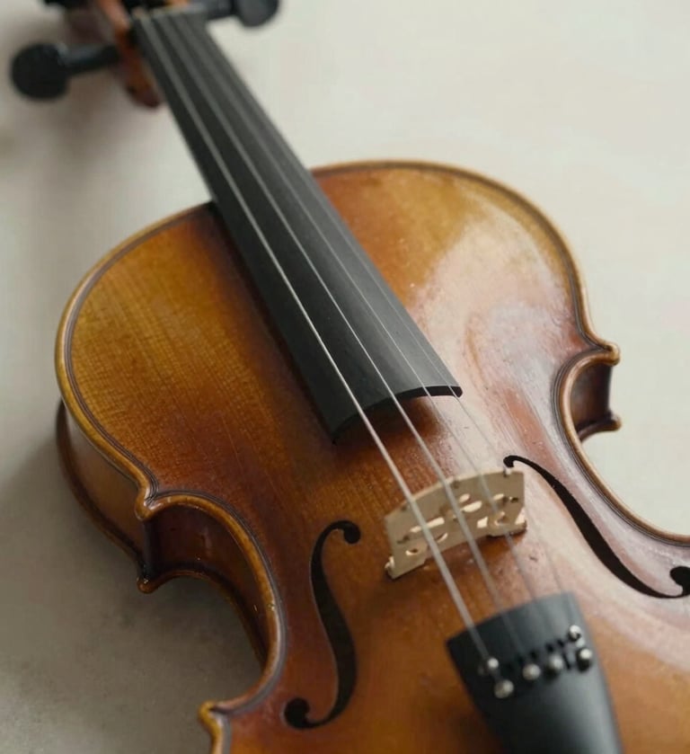 A high-quality close-up of a professional violin's bridge and fine strings, soft lighting, soft off-white and dark espresso tones, elegant and artistic composition in a Southern European / Spanish setting.