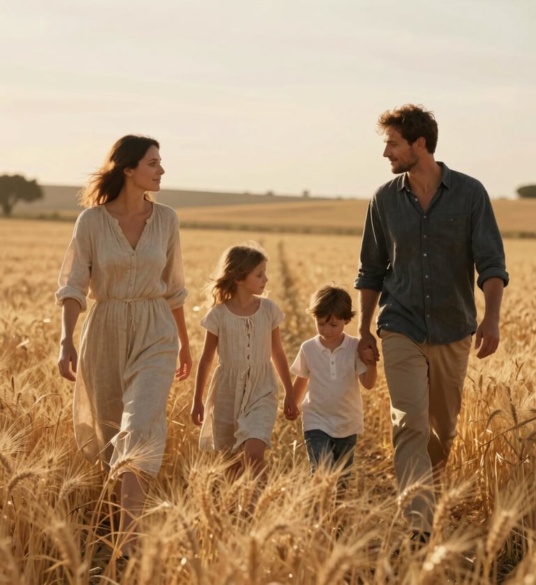 A cinematic medium shot of a family walking through a golden wheat field in rural Spain during the golden hour. The sunlight is warm and hazy, creating a sun-kissed glow. They are dressed in light linen clothing in sand and charcoal tones. Authentic and natural photography style.
