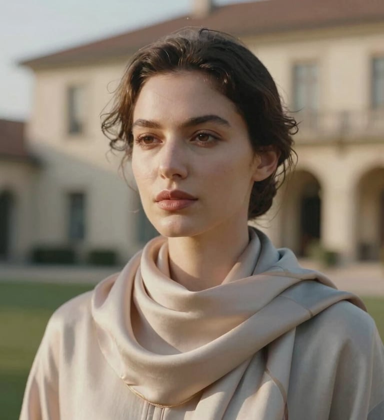 A soulful close-up portrait of a woman in soft afternoon light, wearing a silk scarf in #6F604F. Background is an out-of-focus villa. Timeless elegance, cinematic film grain, palette of #C4B29A and #F5F0E1 tones.