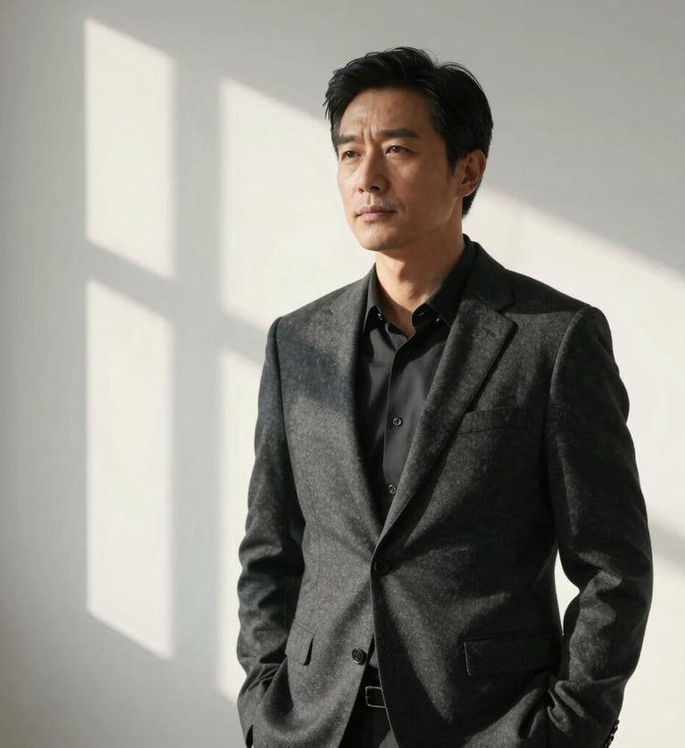 Professional architectural portrait of a researcher in a minimalist studio, soft morning light, wearing a charcoal blazer against a soft linen white wall, editorial and refined composition.