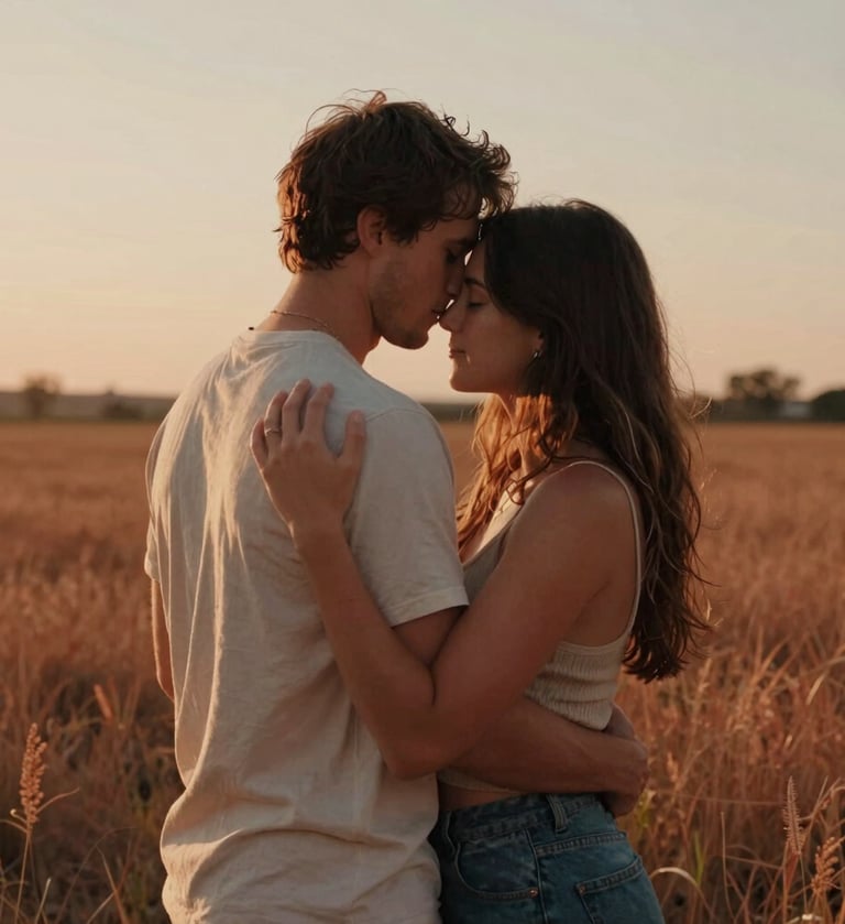 A cinematic, sun-drenched photography of a couple embracing in a North American / US meadow at dusk. The palette is rich with warm terracotta and soft sand light. The style is candid and authentic, capturing a real moment of connection with a shallow depth of field and film-like warmth.