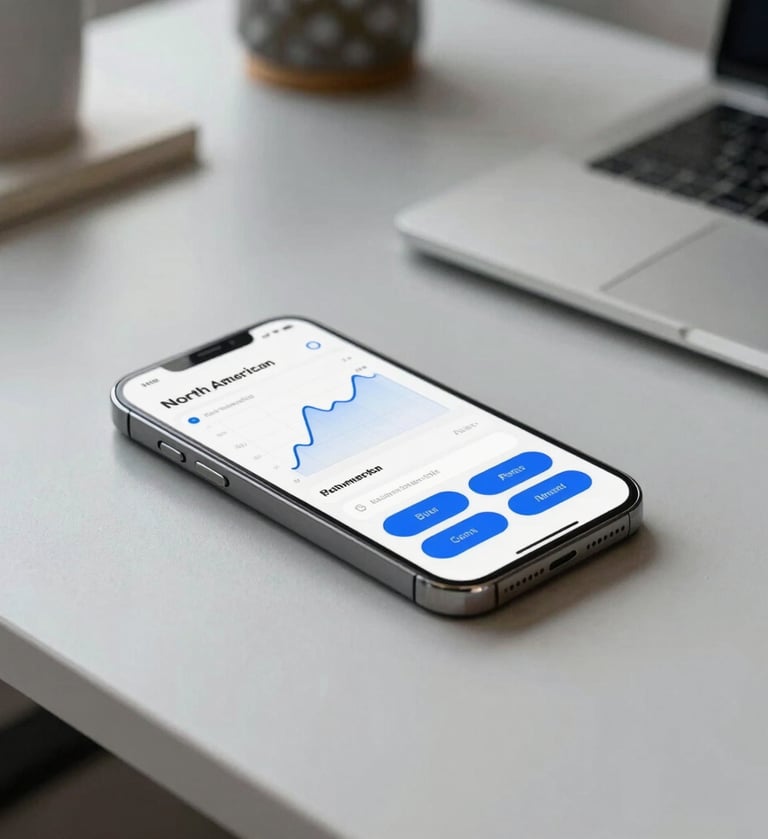 A high-end smartphone lying on a minimalist light gray desk, displaying a sophisticated fitness tracking app with clean charts and royal blue buttons, soft natural lighting, North American office setting.