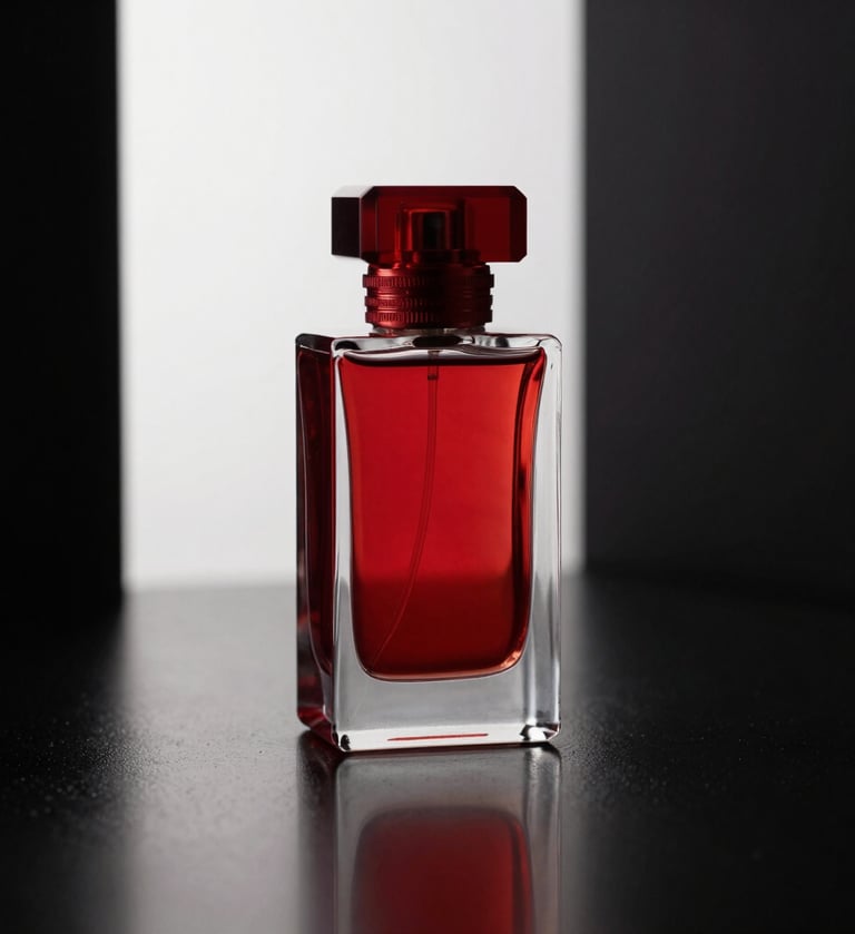 A high-end red luxury perfume bottle on a polished black surface, North American luxury studio setting, sharp reflections, and minimalist lighting creating an air of professional sophistication.