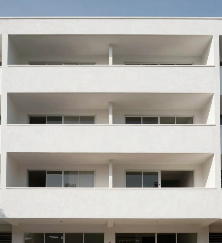 Full-width architectural photograph of a minimalist residential building in Recife, clean white lines, large openings, bright daylight, generous whitespace in composition, sophisticated and contemporary.