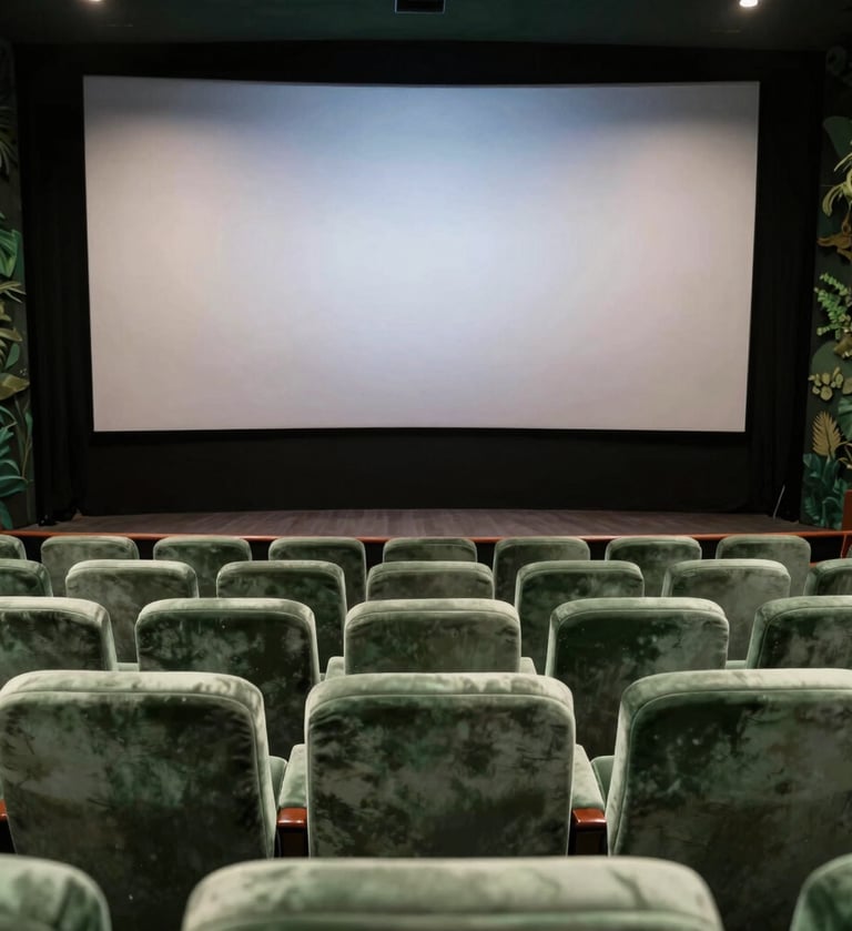 A cinematic wide shot of a South American / Brazilian theater interior with muted sage green velvet seats, a large silver screen glowing with light, creating a sophisticated and artistic atmosphere in a dark forest green environment.