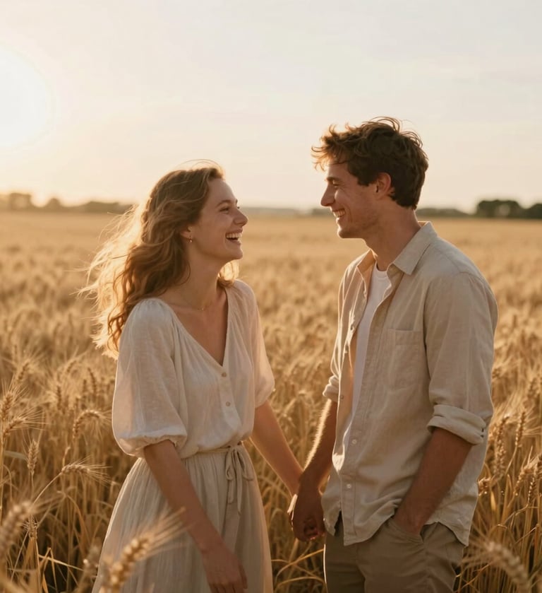 A wide, cinematic shot of a young couple laughing together in a sun-drenched wheat field at golden hour. The lighting is warm and hazy, with light flares from the sun. They are wearing neutral earth tones (#F8F0E3, #C0766B). Authentic, candid interaction with shallow depth of field.