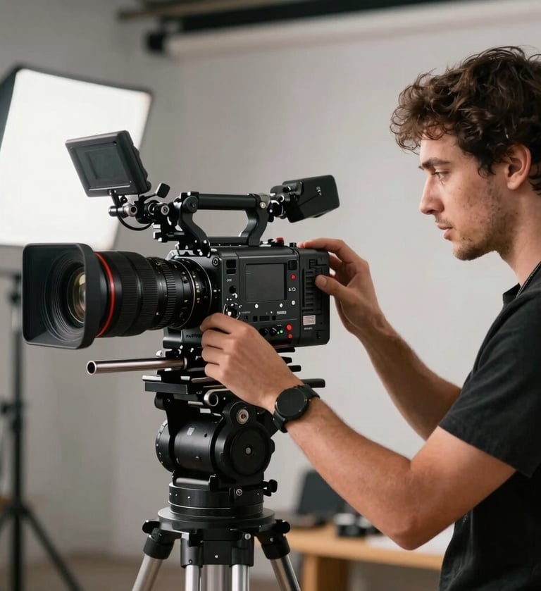 A professional cinematographer adjusting a lens on a high-end camera, South American film studio setting, sophisticated lighting, modern and professional atmosphere.
