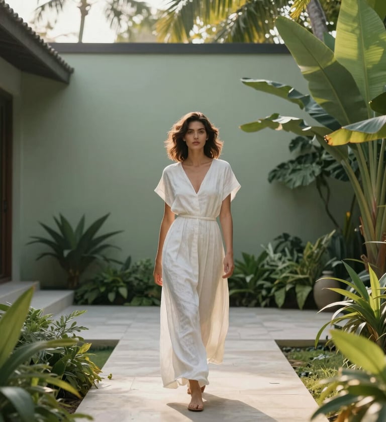 A high-resolution travel photograph of a woman in a mist white linen dress walking through a sage green tropical villa garden. Soft, warm morning light, minimalist composition, professional lifestyle photography style.