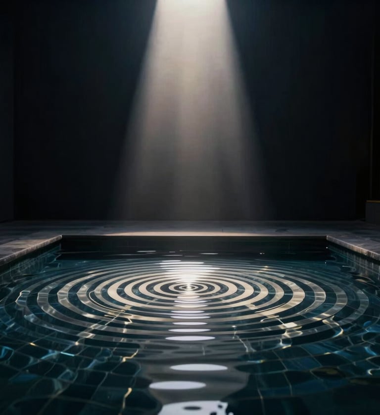 A high-end architectural photograph of a dark room where a single beam of light hits a pool of water, creating ripples that look like concentric geometric data patterns. The colors are deep midnight navy and soft off-white highlights. Cinematic, moody lighting.