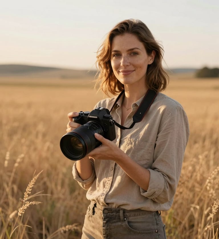A professional photography portrait of a female photographer standing in a sun-drenched meadow in North American countryside. She has a warm smile and holds a modern camera. Golden hour lighting. The palette features sand and taupe tones.