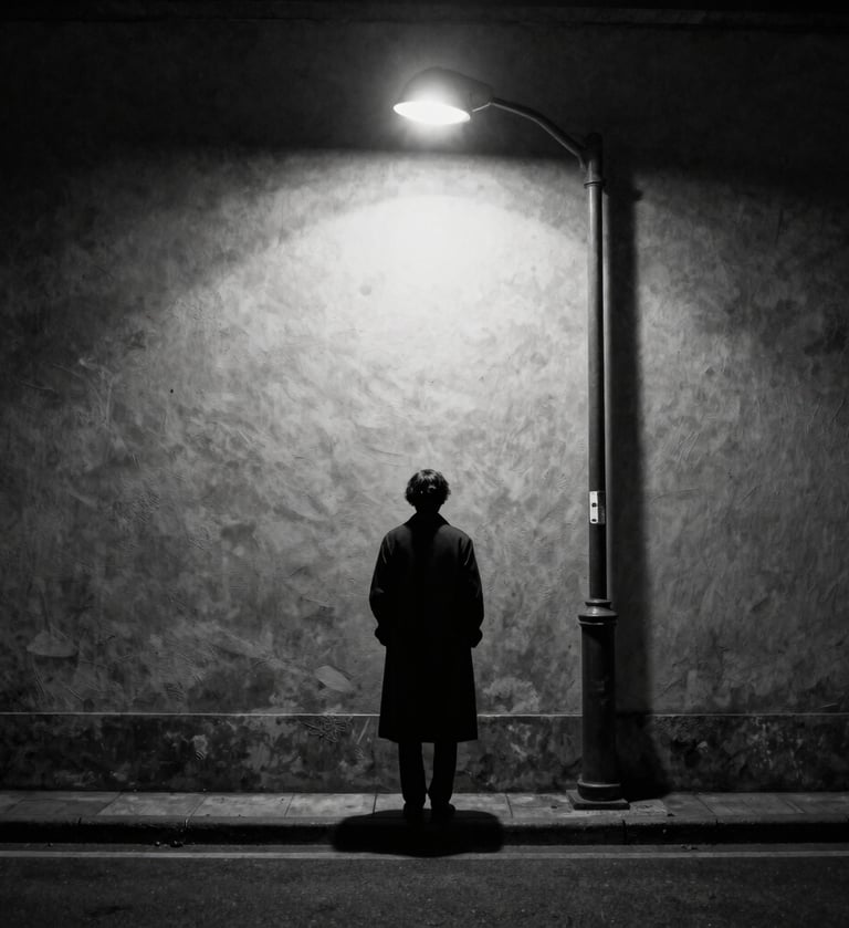 A cinematic vertical poster shot in Deep Obsidian Black and Soft Alabaster White. A person in a long coat stands under a single streetlamp light in a Charcoal Grey alleyway. High contrast, heavy shadows, film grain texture.