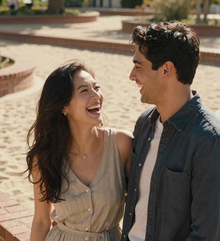A medium shot of a couple laughing authentically during an engagement session in a North American park. The lighting is bright and warm, reflecting a cinematic lifestyle aesthetic. The background features soft sand colored paths and terracotta brickwork, highlighting the sun-drenched environment.