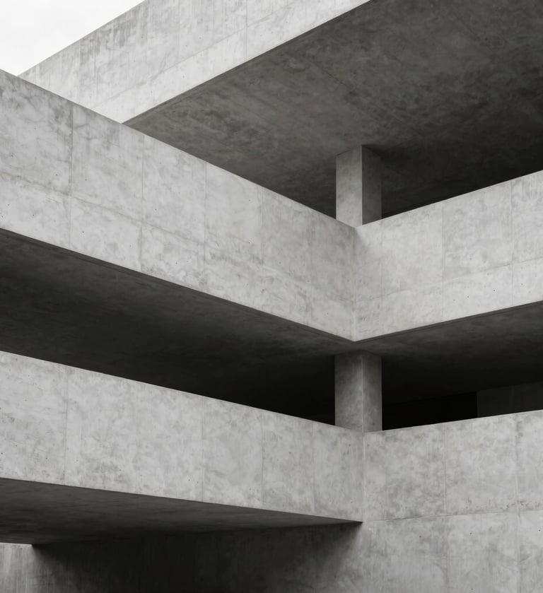 Sophisticated architectural photograph of a minimalist concrete structure. The lighting is soft and diffuse, highlighting the mist white and charcoal black textures of the building. Sharp lines and intellectual composition.