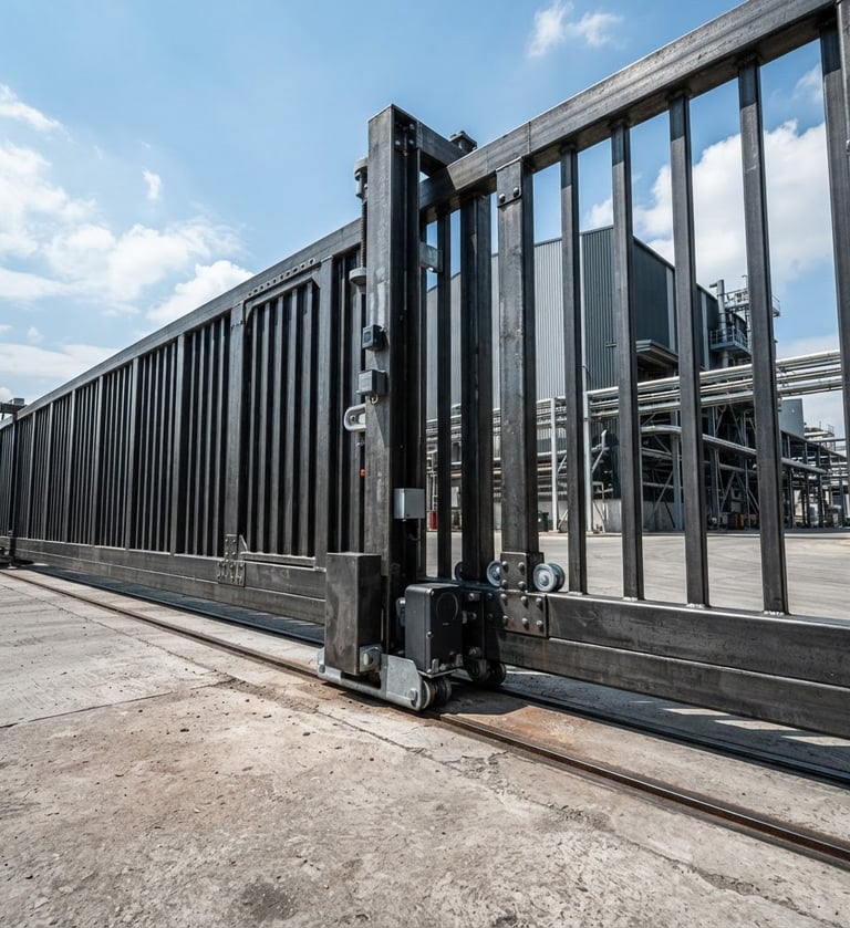 Low-angle industrial editorial photography of a heavy-duty modern charcoal gray steel automatic gate, bright natural daylight, high-contrast metallic textures, 50mm lens, sharp focus