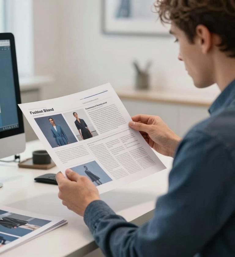 A professional graphic designer in a modern International / Western office studio, reviewing high-quality printed brand guidelines for a fashion brand. The lighting is soft and professional, with hints of Steel Blue and Soft Off-White in the background décor.