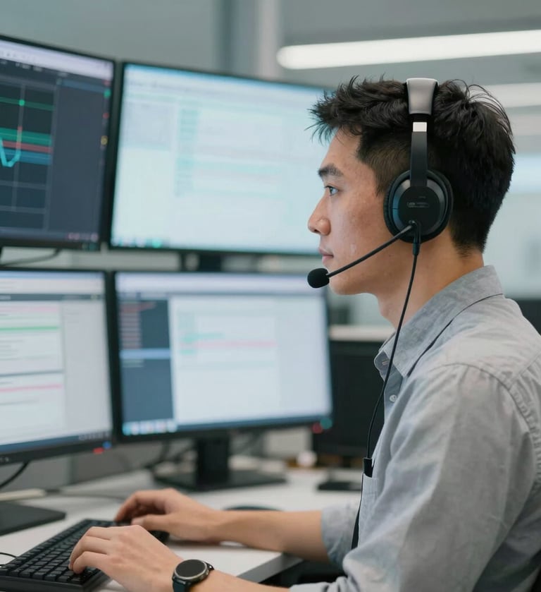 A professional portrait of a broadcast technician in a headset, looking toward a wall of screens, shot in a sleek, modern style with a neutral #EAF0F5 palette.
