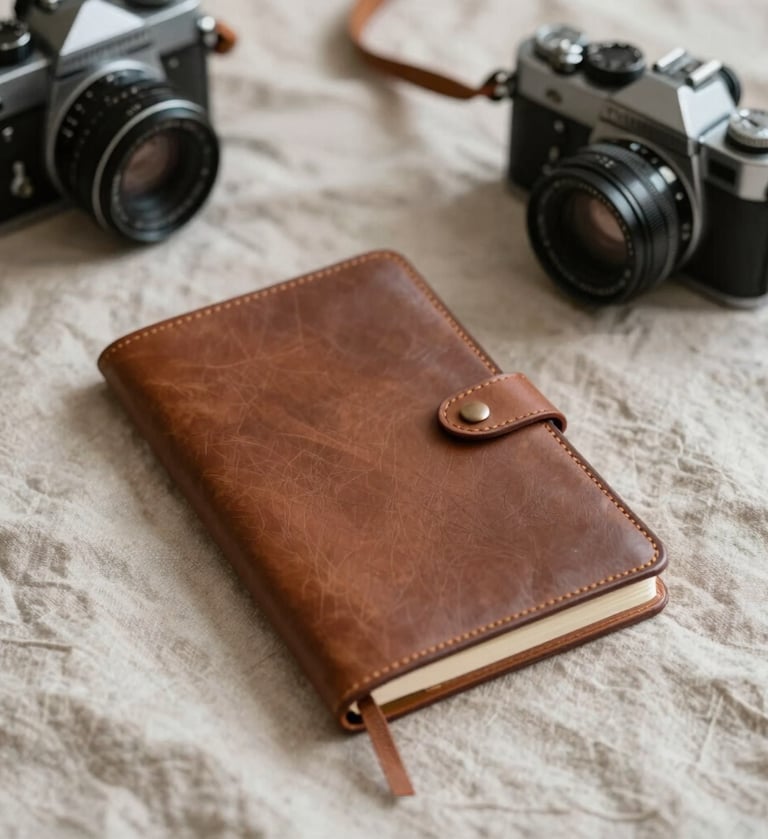 Elegant flat-lay of a leather-bound diary and a classic film camera on a wrinkled #F8F5EF linen sheet, soft morning shadows, intimate and warm atmosphere in #C8B6A6 tones.