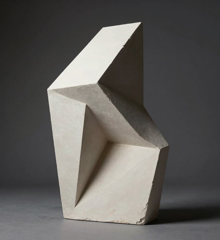 A contemporary minimalist sculpture made of off-white plaster set against a dark charcoal background. Sharp shadows, high contrast, editorial photography style.