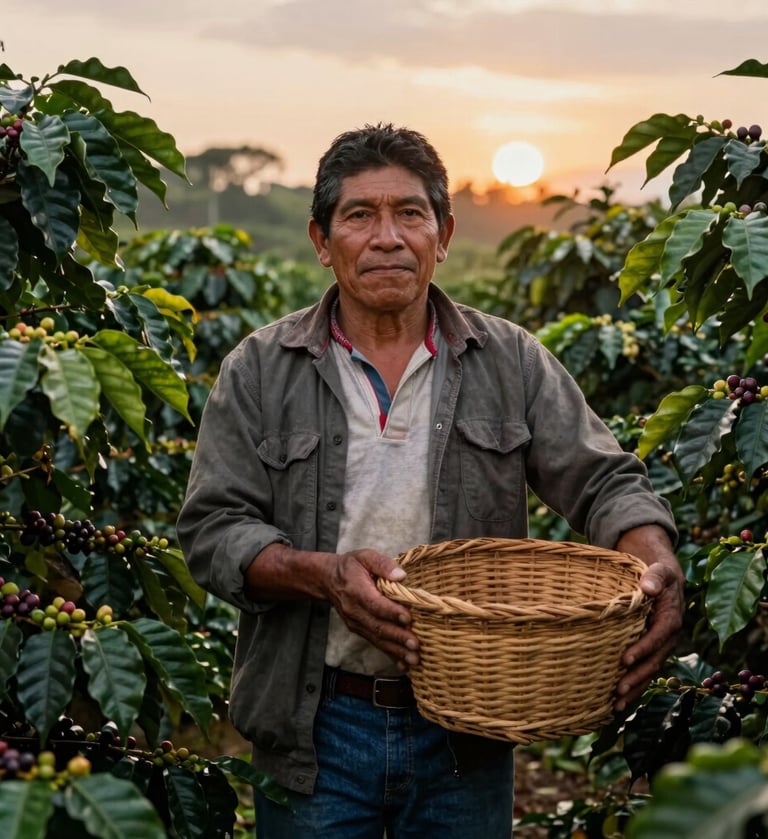 A respectful portrait of a coffee farmer in South American / Latin attire standing amongst lush coffee shrubs, holding a traditional wicker basket, warm sunset lighting, natural and authentic mood with deep green and brown tones.
