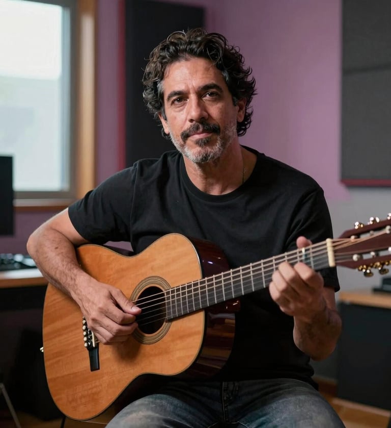 A professional portrait of Eduardo Grillo with his acoustic guitar, sitting in a modern music studio in Maracay, Venezuela. Soft natural lighting from a window creates a soulful atmosphere with subtle rose and muted purple color tones in the background.