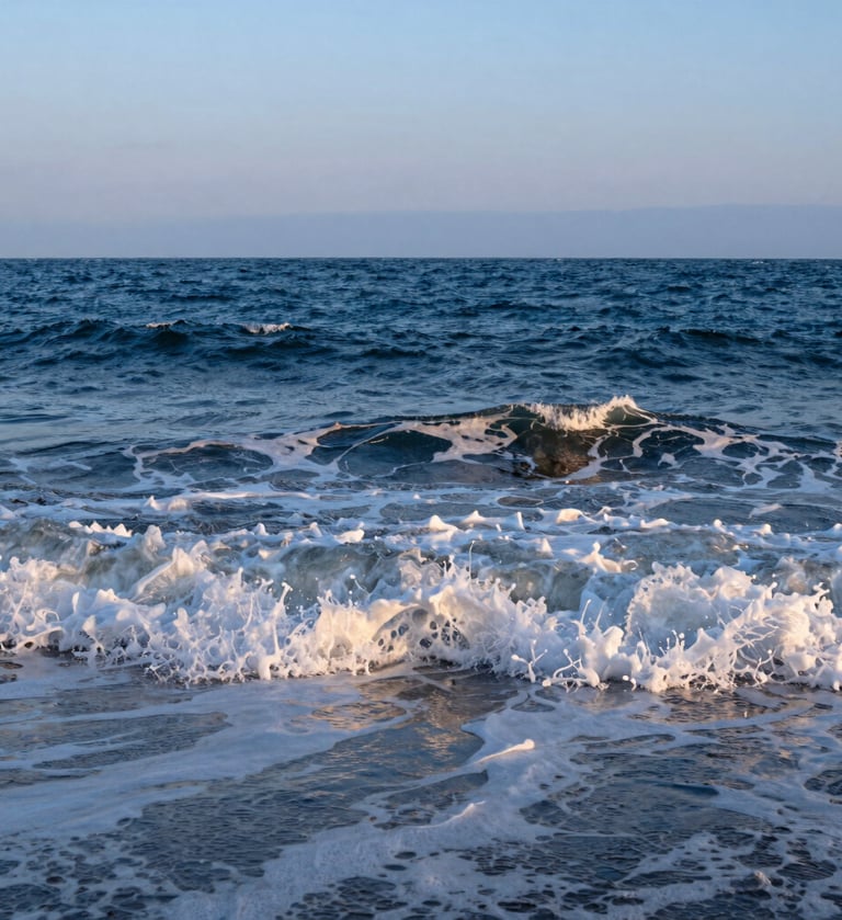 A breathtaking photography shot of a North American / US coastline during the blue hour. The image features deep steel blue waves and soft off-white sea foam, captured with a professional wide-angle lens, reflecting a calm and artistic mood.