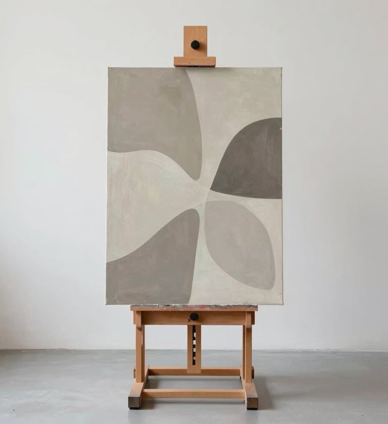 The painting 'Ethos' displayed on a minimalist easel. The canvas features organic shapes in #6B705C and #C8C0B2. The surrounding studio is clean and elegant, with plenty of negative space to allow the art to breathe.