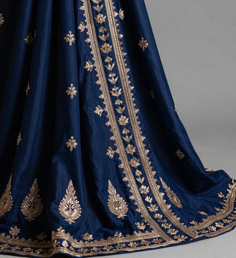 A high-fashion editorial close-up of a textile piece from the Sa-Koi collection. The fabric is a luxurious blend of deep indigo blue silk with intricate Pakistani-style metallic thread embroidery, draped elegantly in an East Asian / South Asian influenced for a global luxury audience studio setting.