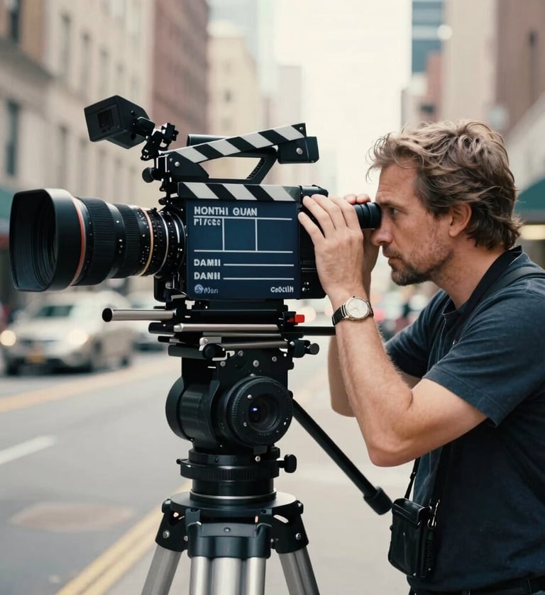 A professional film director looking through a high-end cinema camera viewfinder on a metropolitan North American street, dramatic cinematic lighting with slate blue and off-white tones, sharp focus, professional atmosphere.